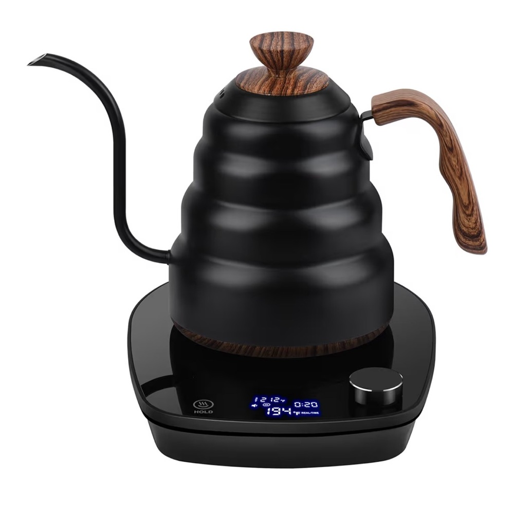 Black Electric Gooseneck Kettle with Wood Accents